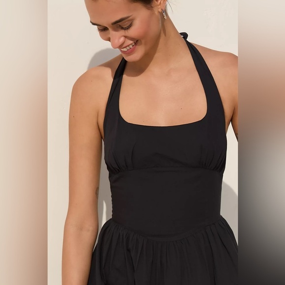 Anthropologie Celandine Cotton Poplin Bustier Halter Mini Dress Black Sz L - Picture 3 of 15